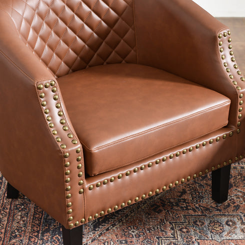 Louis Faux Leather Tufted Club Chair - Brown Accent Chair | Decorative Accent Chairs | Kinwell Furniture | Modern Club Chairs | Barrel Club Chair | Nailhead Trim Chair | Contemporary Faux Leather Chair | Elegant Brown Chair